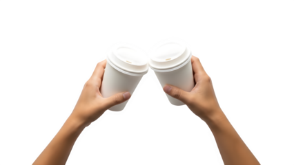 Two hands holding disposable coffee cups isolated on transparent background