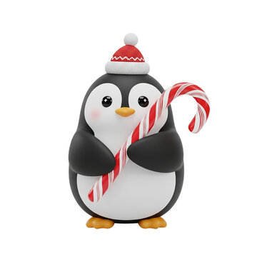 Cute cartoon penguin with Christmas hat and candy cane