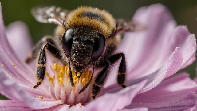 Close up shot of bumblebee pollinating flower with vibrant details