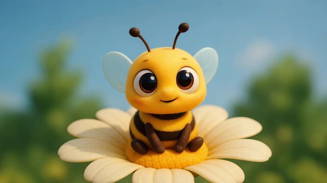 Cute Cartoon Honey Bumble bee Talking to the Camera on a Green Leaf. Seamless Loop