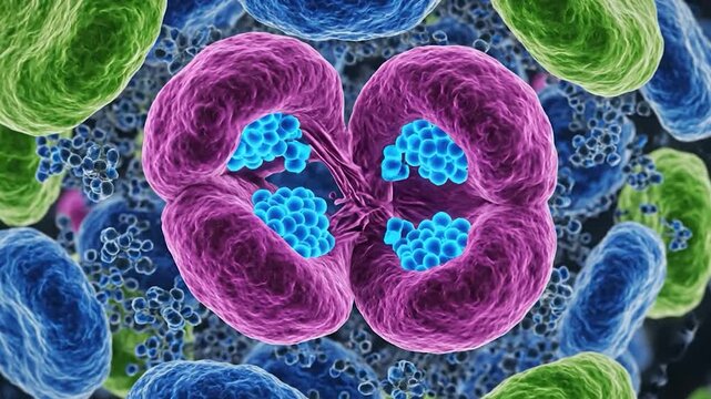 Microscopic view of cells and bacteria, a detailed biological illustration.