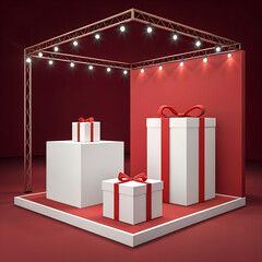 Blank white squares podium pedestals in exhibition booth gift box corner product display mockup showcase stand with red ribbon bow isolated on dark red background creative conceptual idea 3D rendering