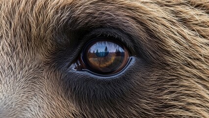 Close-up of bear eye reflecting forest scene