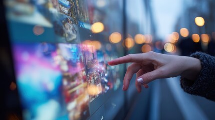 Medium shot of a hand engaging with a vibrant touchscreen digital signage highlighting interactive content against a blurred urban background for immersive user experience.