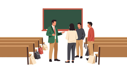 Group discussion in classroom with shopping bags and chalkboard background