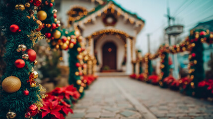 A festive holiday scene with a pathway lined with Christmas decorations including garlands lights and poinsettias leading to a white building with a green roof and a bell tower