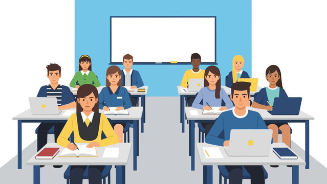 Diverse classroom with students studying on laptops in a modern learning environment