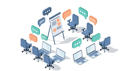 Obraz premium Isometric office meeting setup with laptops and chairs