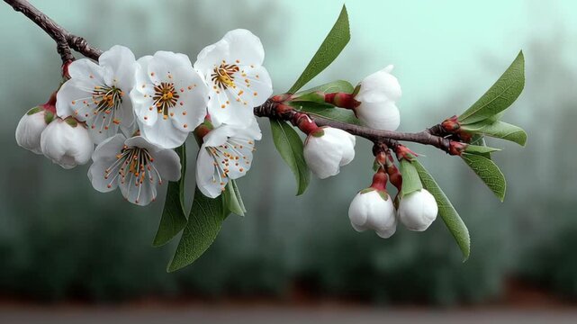 Blossoming cherry branch with delicate white flowers and green leaves, showcasing gradual bloom progression, camera performs a smooth zoom in to capture intricate details and textures