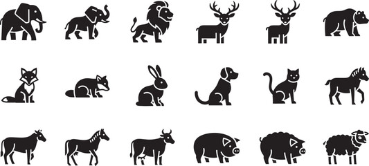 Collection of Diverse Animal Silhouettes Mammals, Farm Animals, and Wildlife
