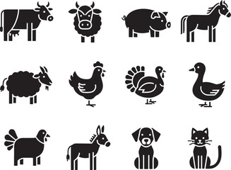 This features collection of simple black silhouette illustrations of various farm animals including cow sheep pig horse goat chicken turkey duck donkey dog and cat. style is minimalistic