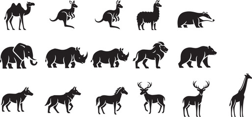 Vector graphic collection of wild animal silhouettes. A set of isolated zoo and safari mammal icons for design