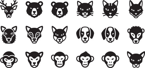 Collection of Animal Head Icons Representing Diverse Species in a Monochromatic Style
