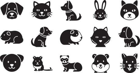 A set of fifteen domestic pet animal icons featuring dogs, cats, rabbits, and rodents. Simple black and white vector silhouette collection for graphic design