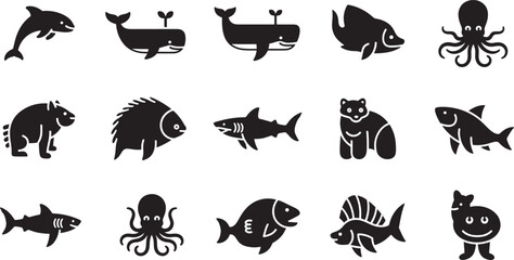 Collection of stylized aquatic and land creature icons, featuring marine life and mammals