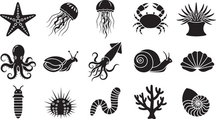 Extensive collection of black silhouette vector icons featuring diverse marine animals and sea creatures, ideal for ocean-themed graphic design and educational resources