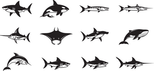 Silhouettes of various sea creatures including sharks, manta ray, and marlin are displayed row. Each silhouette showcases distinct features like fins and tails, capturing diversity of marine life