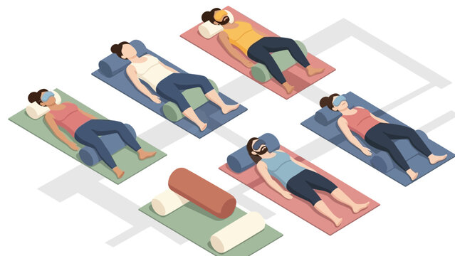 People practicing restorative yoga poses on mats with eye masks in isometric style