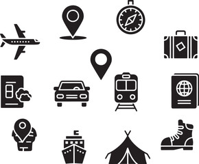 Travel icons set including airplane location pin compass suitcase smartphone car train passport ship tent and hiking boot