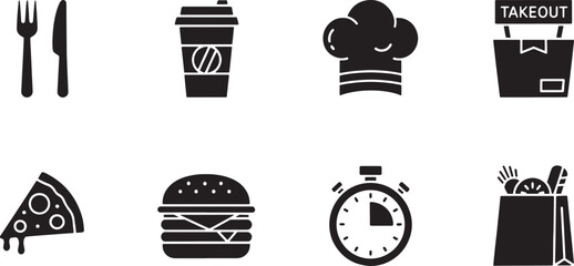 Icons representing dining and food include fork and knife coffee cup chef hat takeout box pizza slice burger timer and grocery bag