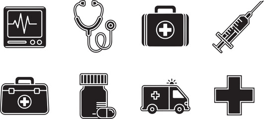 A set of essential medical and healthcare icons in black silhouette style, including symbols for ambulance, first aid, and hospital services for web design