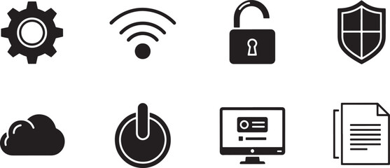 Modern vector icons for digital technology and user interfaces. Symbols for settings, wireless, security, cloud storage, power, and data management in web design and apps
