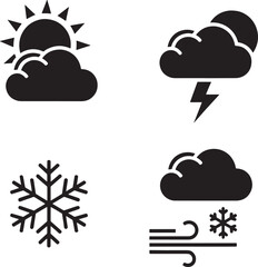 Set of stylized icons representing different weather conditions sun, storm, snowflake, and windy snow