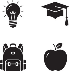 Icons representing education and learning, including light bulb, graduation cap, backpack, and apple. These symbols convey ideas of knowledge, achievement, and school life