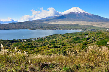 Fototapeta premium 道志山塊の大平山山頂より雪化粧した富士山と山中湖 