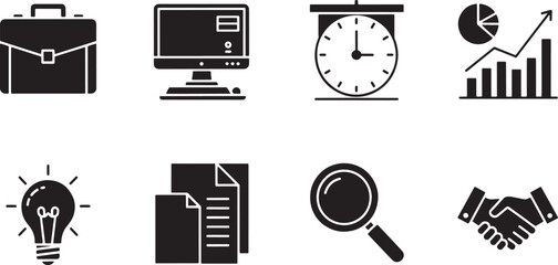 Diverse collection of essential business and office management icons, including symbols for strategy, analytics, time, innovation, documents, and collaboration