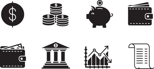 Financial icons set including dollar sign coins piggy bank wallet bank building graph and document. These symbols represent money savings banking and financial growth
