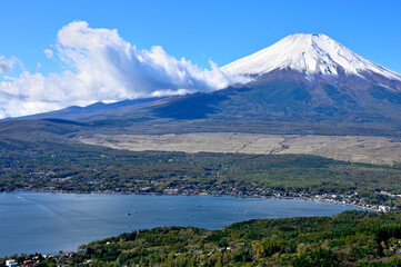 Fototapeta premium 道志山塊の大平山山頂より雪化粧した富士山と山中湖 