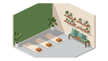 Isometric yoga studio interior with plants and minimalist decor