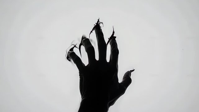 Silhouette of a monstrous clawed hand reaching upwards against a stark white background.