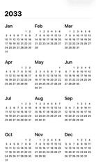 2033 Calendar: A concise and functional calendar of the year 2033, perfect for planning, organizing, and keeping track of important dates.