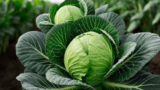 Fresh green cabbages nestled in rich soil, showcasing vibrant leaves and healthy growth, as the camera performs a smooth zoom in to highlight details of the scene