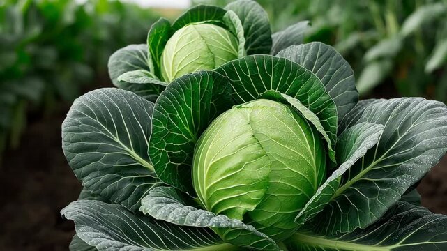 Fresh green cabbages nestled in rich soil, showcasing vibrant leaves and intricate textures, with a gradual zoom in revealing details of the lush garden environment