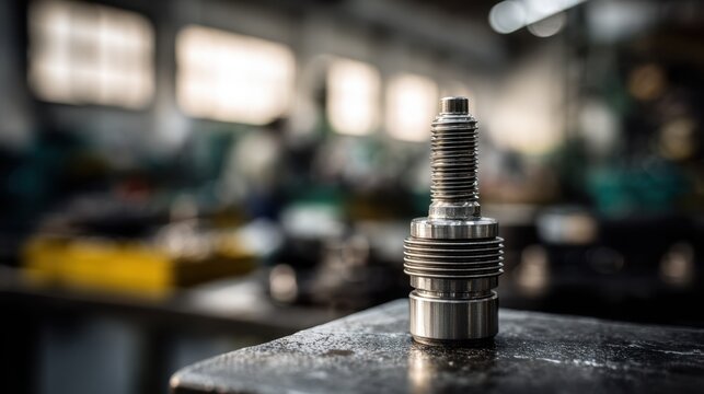 Detailed view of a tractor engine valve part in clear focus contrasted with a softly blurred workshop background perfect for promoting bulk farm equipment parts.