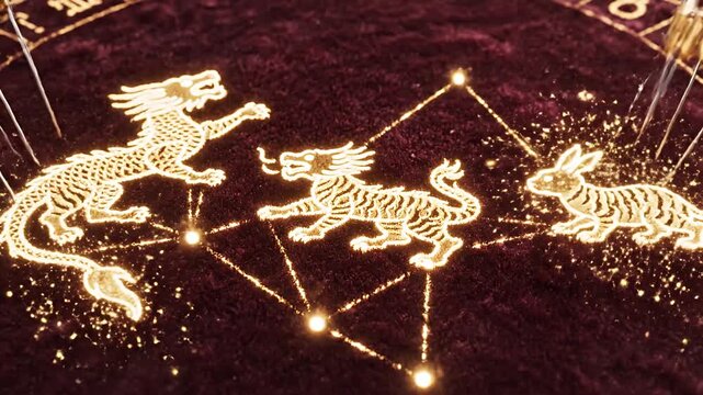 Laser Engraving Chinese Zodiac Animals on a Dark Surface with Sparks and Light.