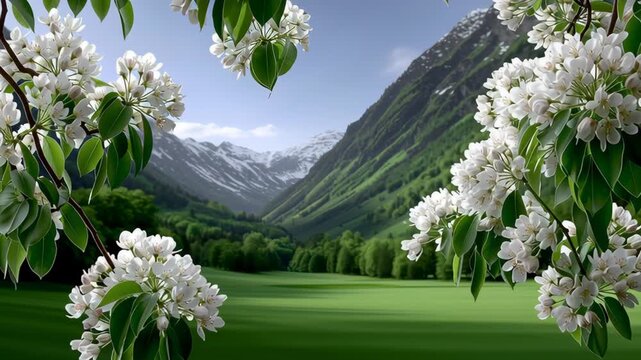 Blossoming white flowers frame a serene mountain landscape, showcasing vibrant greenery and majestic peaks, as the camera pans smoothly to reveal the breathtaking scenery in full view