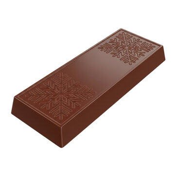 Chocolate bar with snowflake imprints on white background