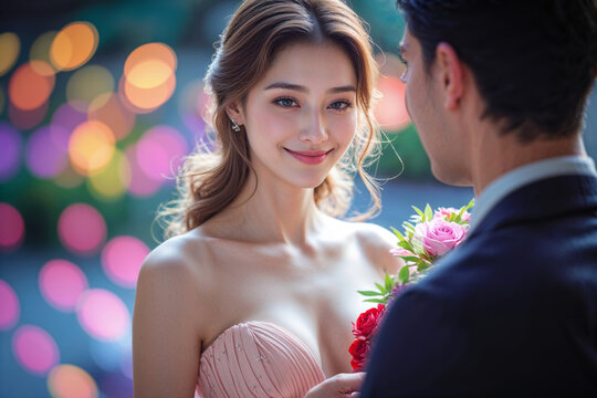 Beautiful bride smiling at groom holding a bouquet of roses on wedding day - Powered by Adobe