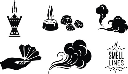 Flat design black scent and smoke icon set including incense burner steaming food aroma cloud hand fan waving smell lines minimal vector icons simple bold silhouette