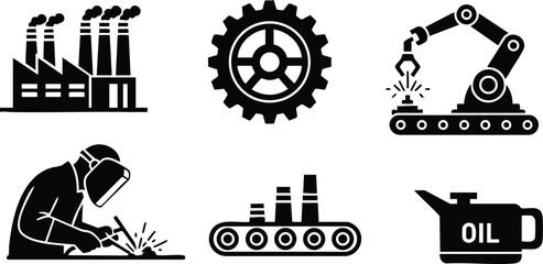 Flat design industrial icon set showing factory gear robotic arm welding worker conveyor and oil can isolated on white background bold silhouette front view close up