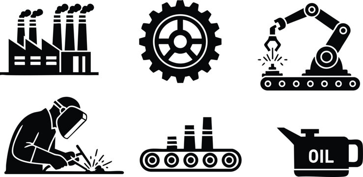 Flat design industrial icon set showing factory gear robotic arm welding worker conveyor and oil can isolated on white background bold silhouette front view close up