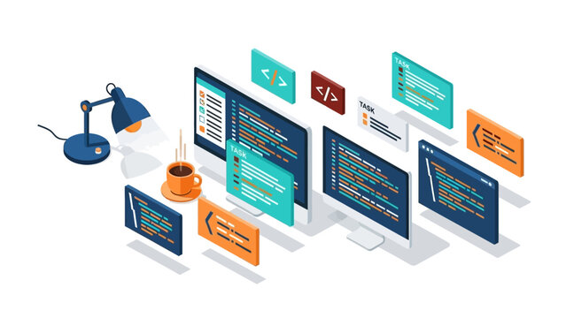 Isometric workspace with multiple monitors and coding elements for modern developers