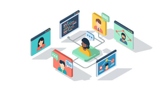 Virtual team meeting in isometric design with connected communication screens - Powered by Adobe