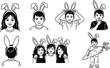 Fototapeta premium Line art illustration sheet showing children wearing bunny ears in varied headshot and group poses including back view and child holding large carrot smiling easter cute