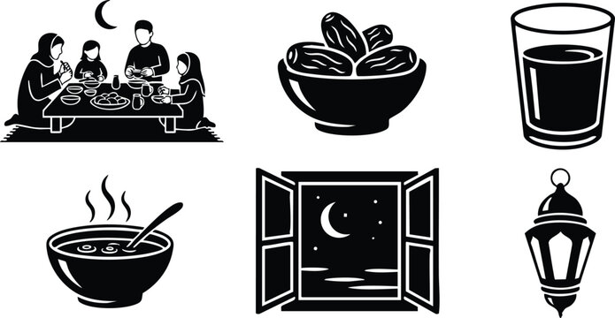 Flat silhouette icon set showing family sitting at low table breaking fast during ramadan under crescent moon with dates bowl glass of water soup bowl lantern