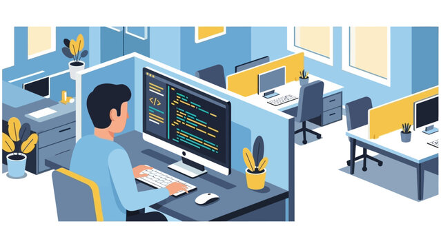 Modern office workspace with developer coding in isometric style